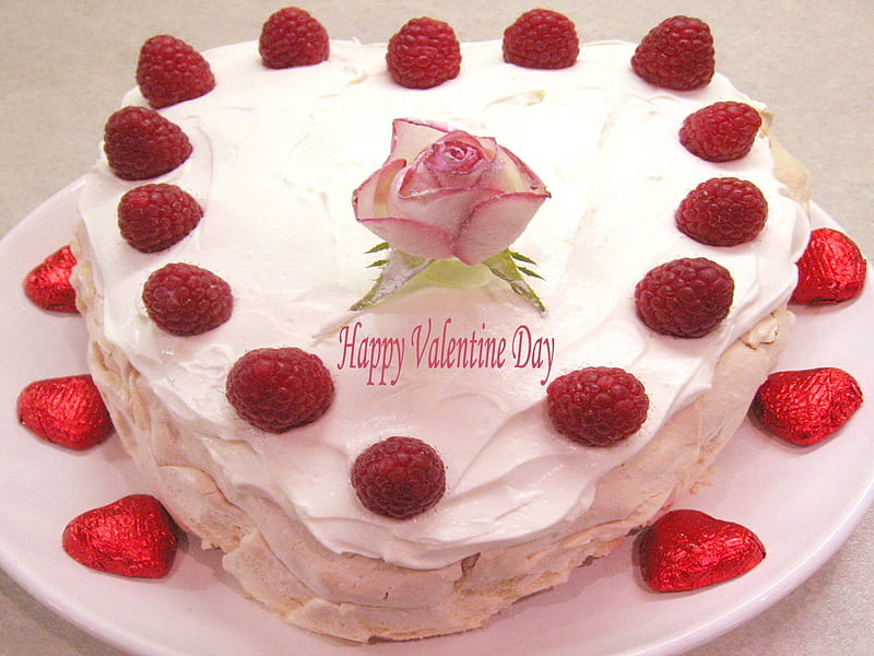 Sweet treat for sweet friends, valentines day, cake, rose, heart, strawberries, pink, sweet, HD wallpaper