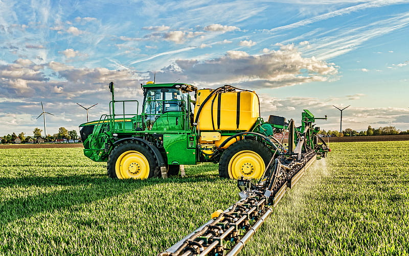 John Deere R4050i, pollination of fields, 2021 tractors, agricultural machinery, green tractor, R, tractor in the field, agriculture, harvest, John Deere, HD wallpaper
