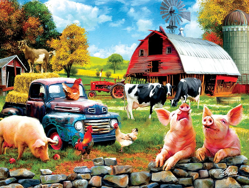Farm Days, pigs, hens, car, poultry, barn, animals, cowa, rooster, trees,  painting, HD wallpaper | Peakpx