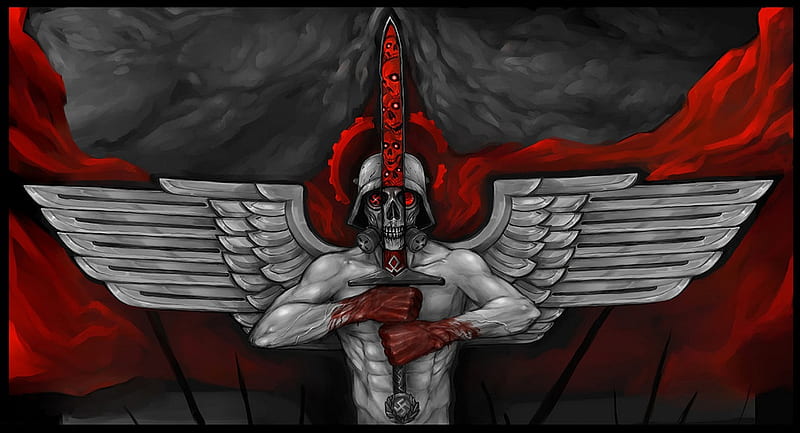 Angel of Death, skulls, fantasy, wings, dark, sinister, abstract, sword, artwork, HD wallpaper