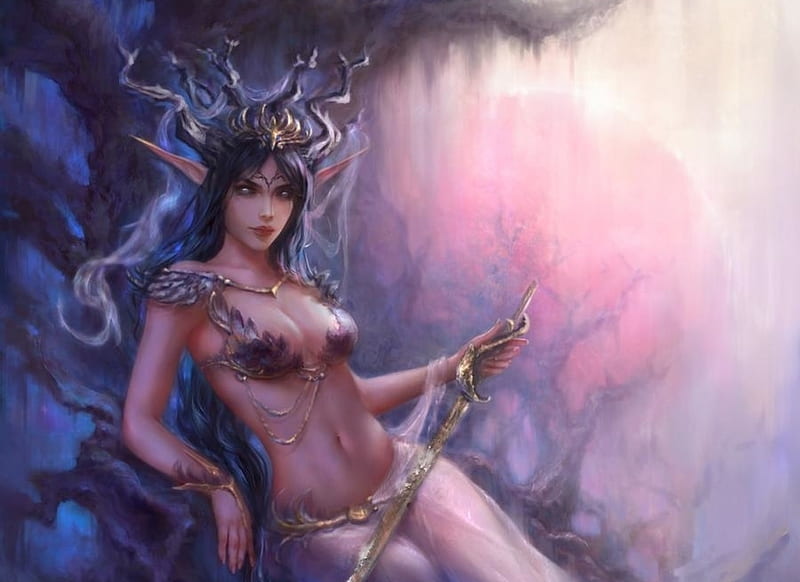 Elven queen, tamikaproud, fantasy, luminos, girl, elf, queen, pink, blue, frumusete, HD wallpaper
