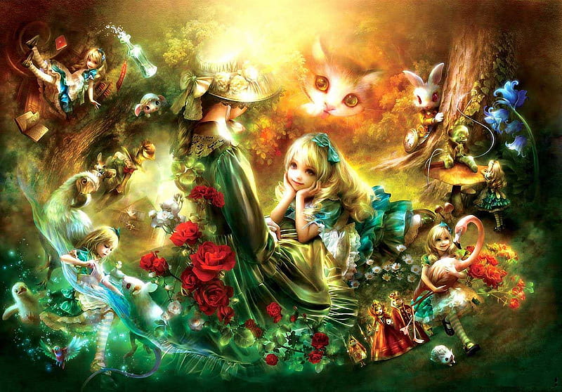 Collage of Alice in Wonderland, chicken, girl, flowers, flamingo, roses, cat, animals, art, rabbit, digital, HD wallpaper