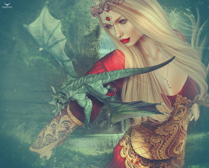 Dragon Lady, red, luminos, blonde, dragon, fantasy, rendering, skip staheli, lady, blue, HD wallpaper