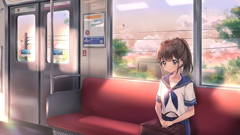 anime school girl, train trip, school uniform, loli, brown hair, Anime, HD wallpaper