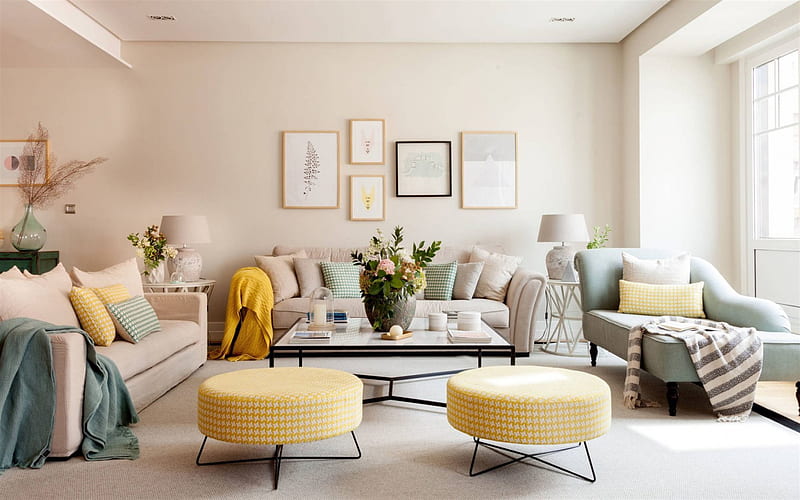 classic living room interior design, retro furniture, bright living room, yellow round chairs, stylish modern interior, HD wallpaper