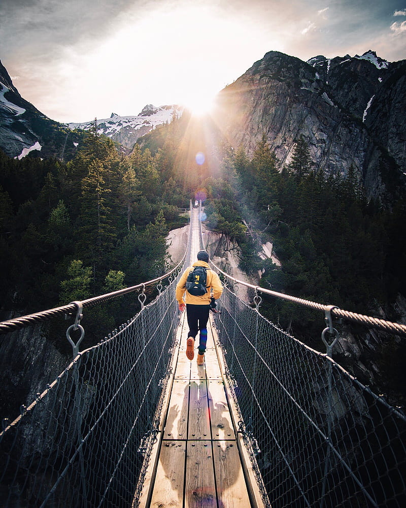 bridge, man, mountains, sunlight, switzerland, HD phone wallpaper