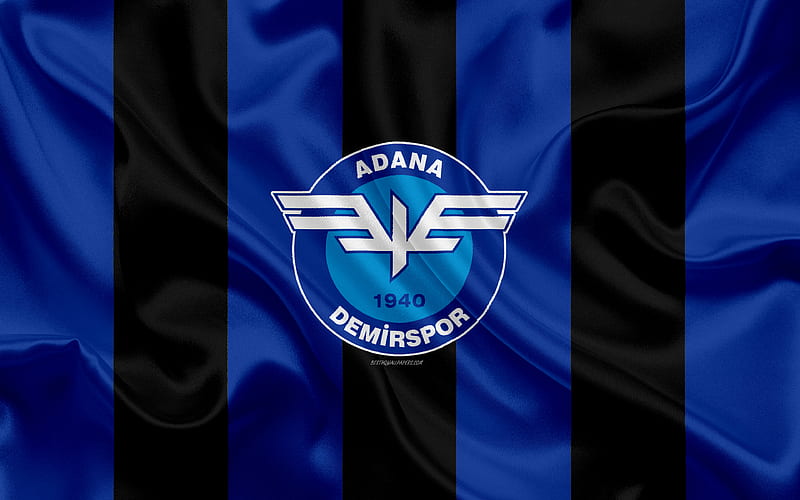 Adana Demirspor logo, silk texture, Turkish football club, blue black flag, emblem, 1 Lig, TFF First League, Adana, Turkey, football, HD wallpaper