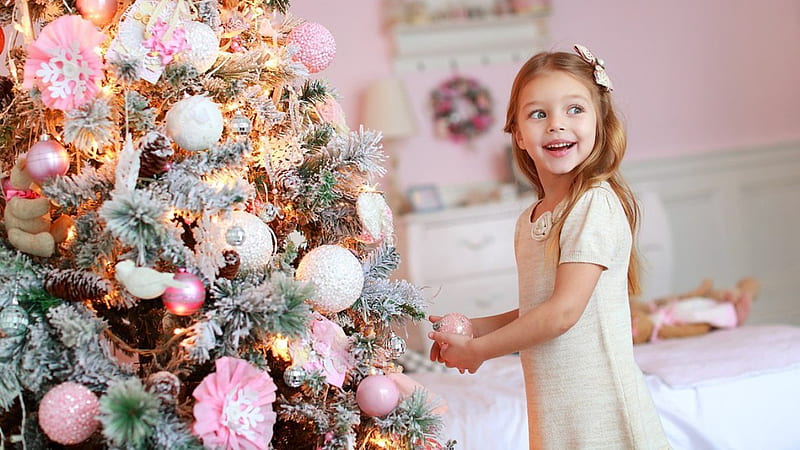 Smiley Cute Little Girl Is Standing Near Decorated Christmas Tree Wearing White Dress Cute, HD wallpaper