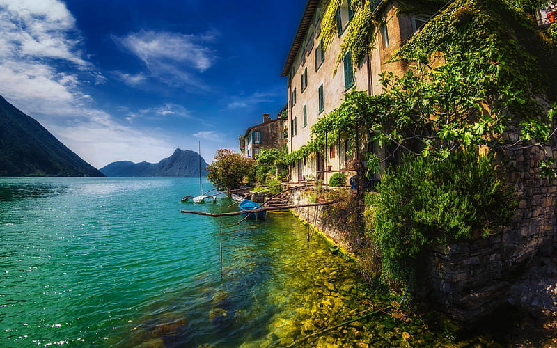 Gandria, Lake Lugano, mountains, Alps, Switzerland, HD wallpaper