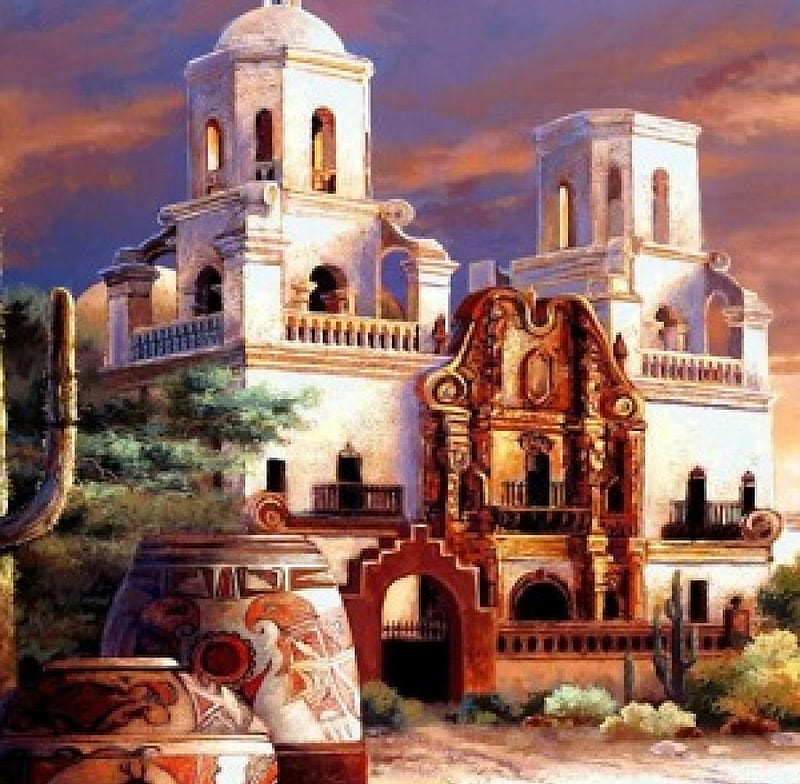 Mexican Church, building, painting, cactus, artwork, HD wallpaper
