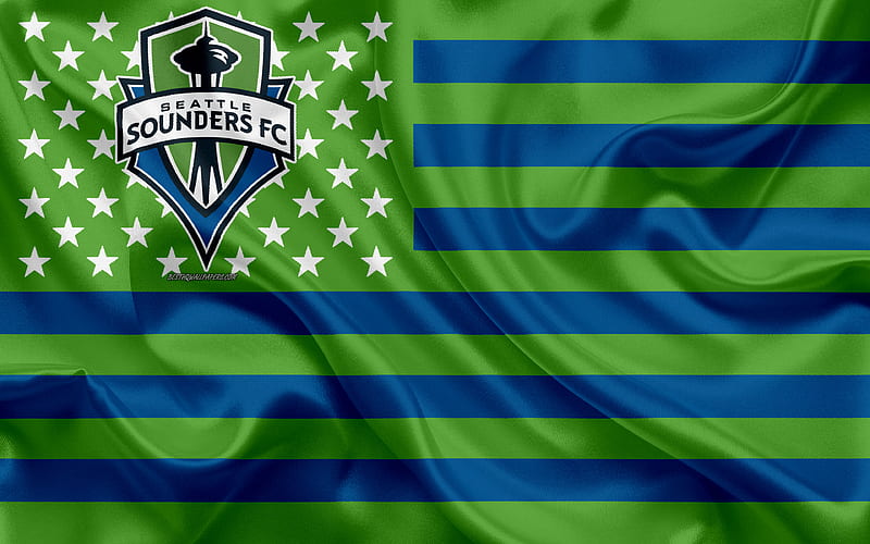Seattle Sounders FC, American soccer club, American flag, blue green flag, MLS, Seattle, Washington State, USA, logo, emblem, Major League Soccer, silk flag, soccer, football, HD wallpaper