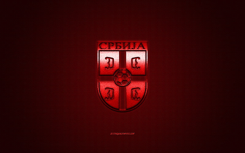 Serbia national football team, emblem, UEFA, red logo, red fiber background, Serbia football team logo, football, Serbia, HD wallpaper
