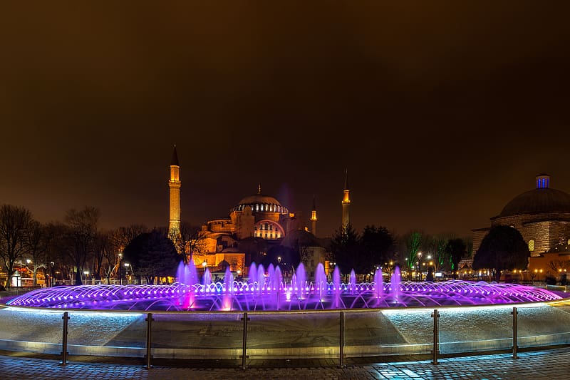 Night, Fountain, Turkey, Mosque, Istanbul, Religious, Hagia Sophia, Mosques, HD wallpaper