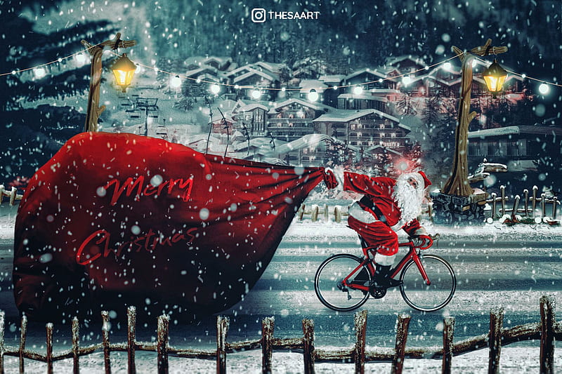 Christmas, thesaart, santa, fantasy, craciun, bag, winter, red, 2021, bike, HD wallpaper