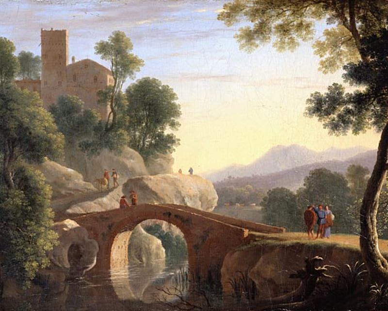 Swanevelt - Italian Landscape with Bridge, dutch painting, 17th century, landscape, italy, HD wallpaper
