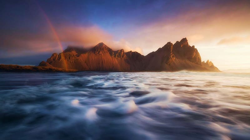 Nature's Symphony, Vestrahorn, Iceland, sky, rocks, sunset, sea, rainbow, colors, HD wallpaper