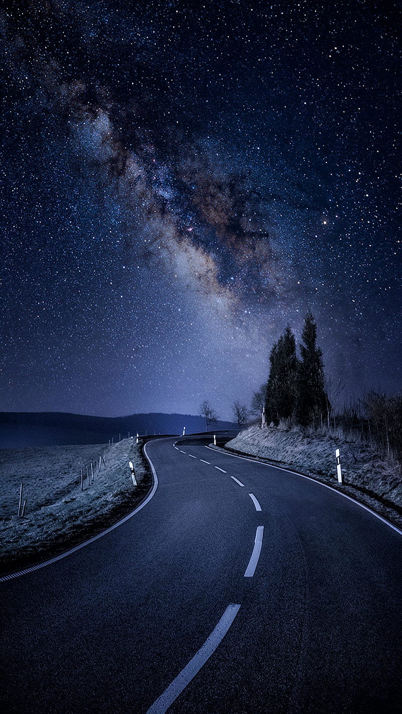 Road nighttime, stars, galaxy, night, sky, HD phone wallpaper