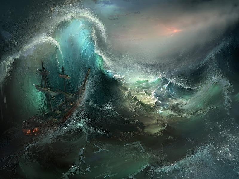 Stormy seas, storm, sea, wave, art, picutra, luminos, water, tysen johnson, ship, green, painting, blue, HD wallpaper