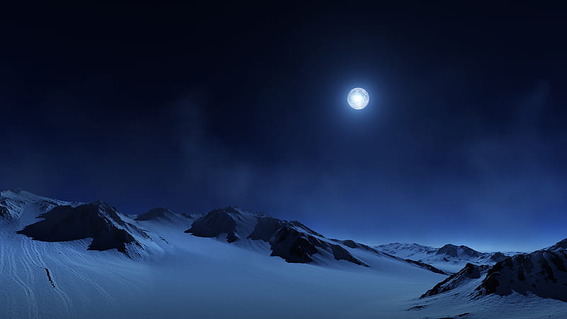 Full moon , Night sky, Snow covered, Foggy, Landscape, Nature, Moon Snow Mountain, HD wallpaper