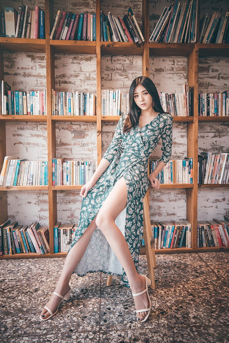legs, Asian, model, books, women, women indoors, dark hair, HD phone wallpaper