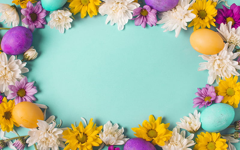 Easter frame, blue background, greeting card, Easter eggs, spring flowers, Easter, HD wallpaper