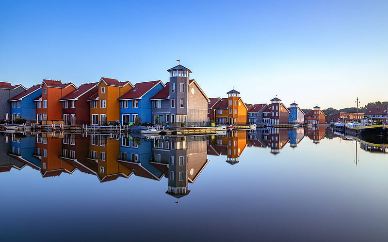 Groningen, morning, sunrise, beautiful houses, cityscape, Netherlands, HD wallpaper