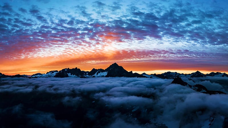 Sunrise between cloud layers in the Cascades, Washington, rocks, forg, morning, colors, clouds, sky, usa, HD wallpaper