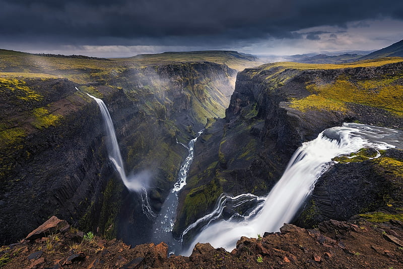 Haifoss Waterfall, Iceland, water, mountains, river, canyon, landscape, HD wallpaper