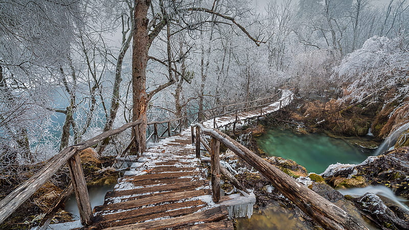 Bridge Croatia Plitvice National Park Winter, HD wallpaper