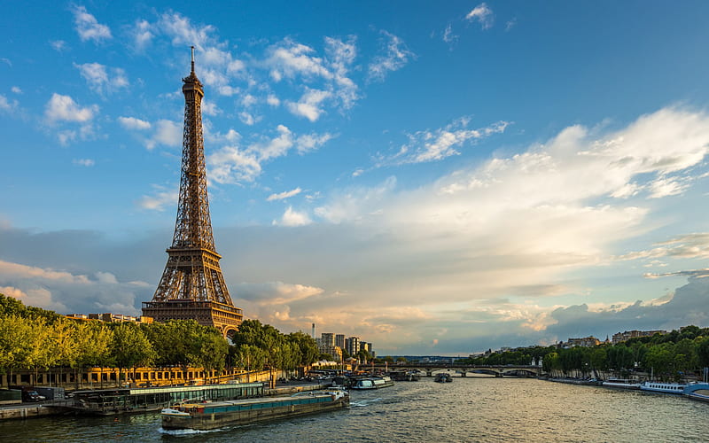 Paris, Eiffel Tower, Seine River, evening, sunset, landmark, cityscape, France, HD wallpaper