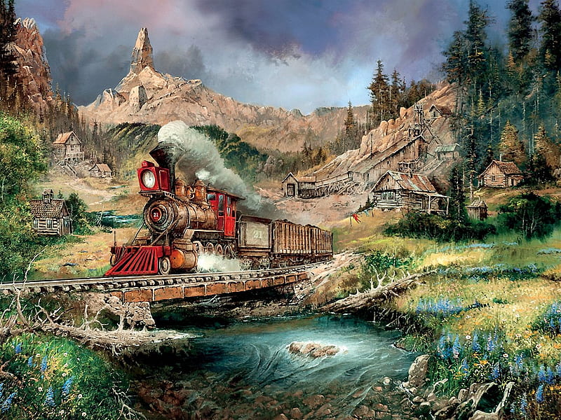 Nuggetville, bridge, train, mountains, steam, railways, river, cabins, artwork, painting, HD wallpaper