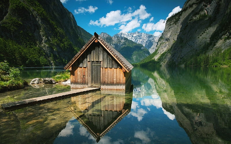 Norway, mountain lake, hut, fjord, mountains, HD wallpaper