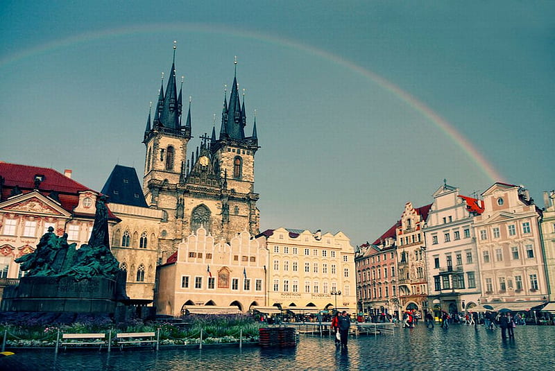 Old_Town_Square_Prague, town-square, beauitiful, prague, rainbow, old, HD wallpaper