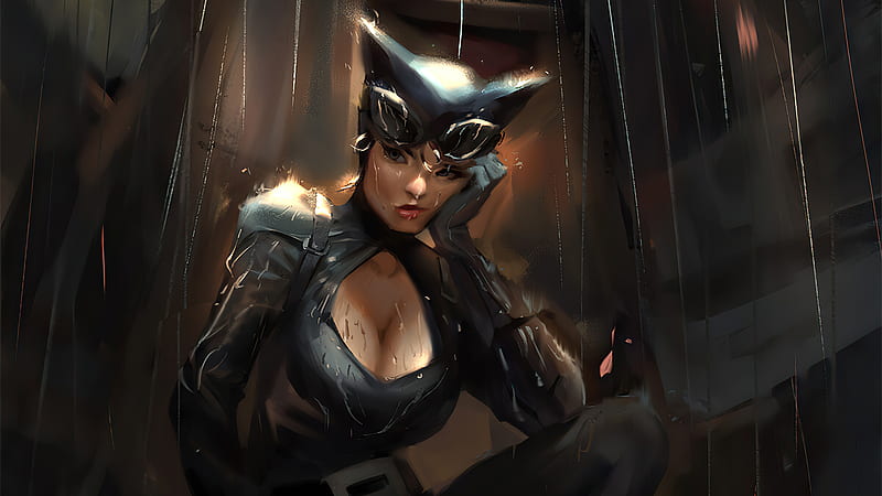 Catwoman In Rain, catwoman, superheroes, artwork, artstation, HD wallpaper