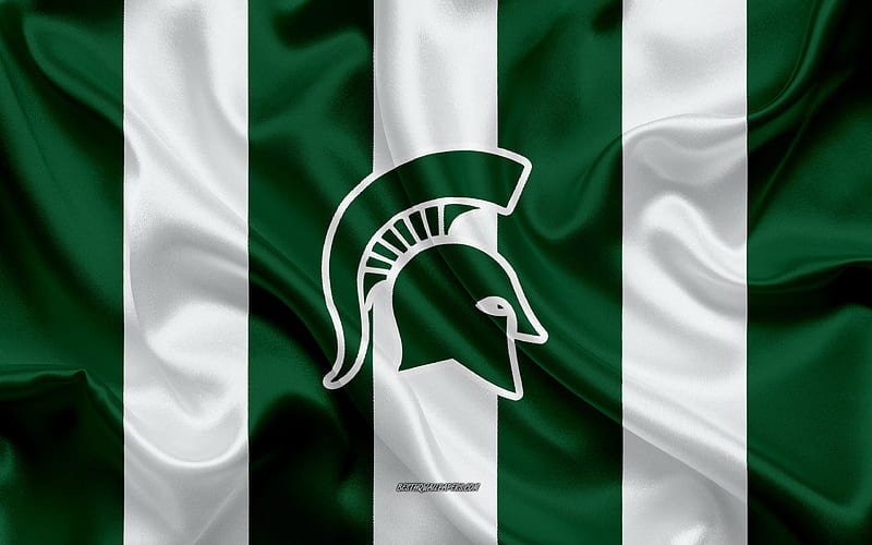 Michigan State Spartans, American football team, emblem, silk flag, green and white silk texture, NCAA, Michigan State Spartans logo, East Lansing, Michigan, USA, American football, HD wallpaper