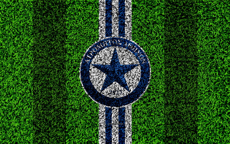 Atromitos FC, logo football lawn, Greek football club, white blue lines, grass texture, Peristeri, Greece, Superleague Greece, football, HD wallpaper