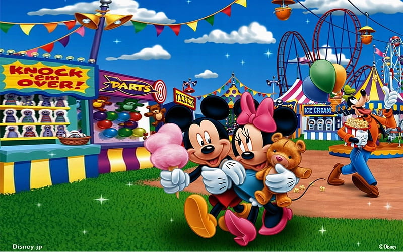 Mickey and Minnie, summer, parc, minnie, mickey mouse, circus, couple, disney, vara, cotton candy, HD wallpaper