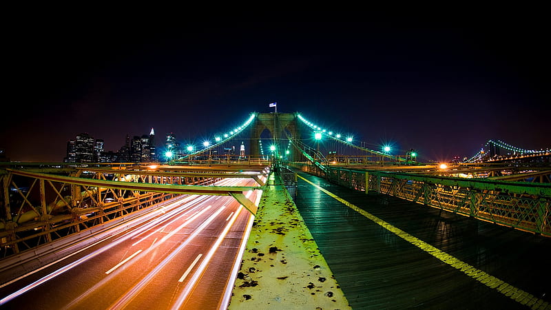 brooklyn bridge, city, graphy, bridge, evening, lights, night, HD wallpaper