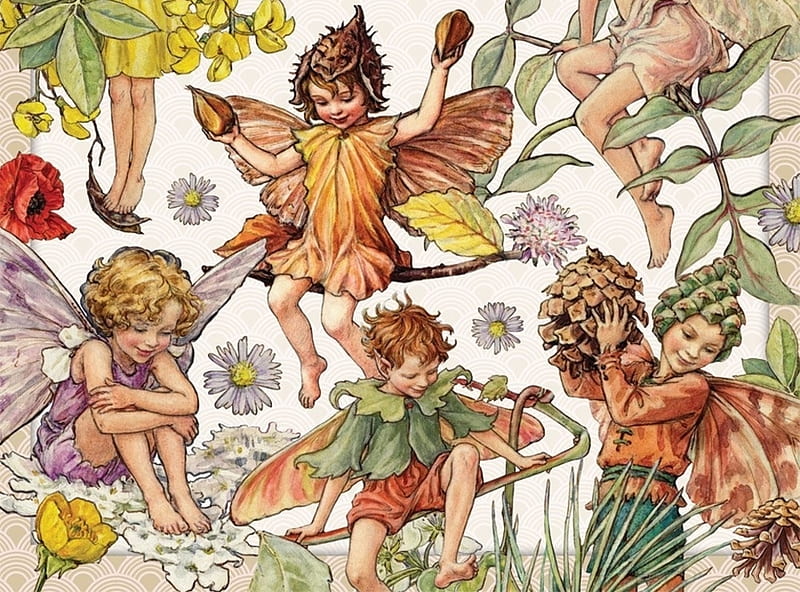 Fairies, fantasy, boy, girl, luminos, flower, pine cone, fairy, art, wings, cute, HD wallpaper