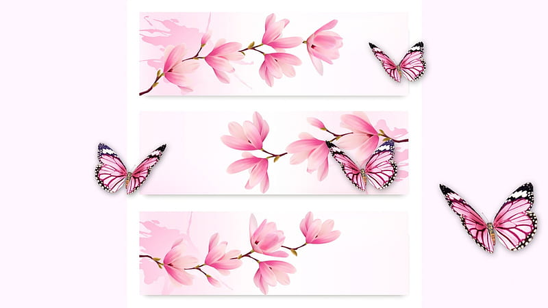 Tulip Tree and Butterflies, tree, flowers, collage, butterflies, abstract, pink, floral, HD wallpaper