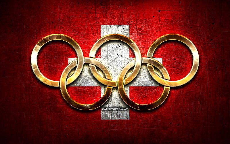Swiss olympic team, golden olympic rings, Switzerland at the Olympics, creative, Swiss flag, metal background, Switzerland Olympic Team, flag of Switzerland, HD wallpaper