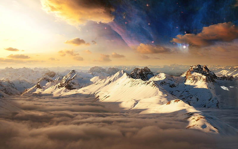 white mountain range-Night sky, HD wallpaper