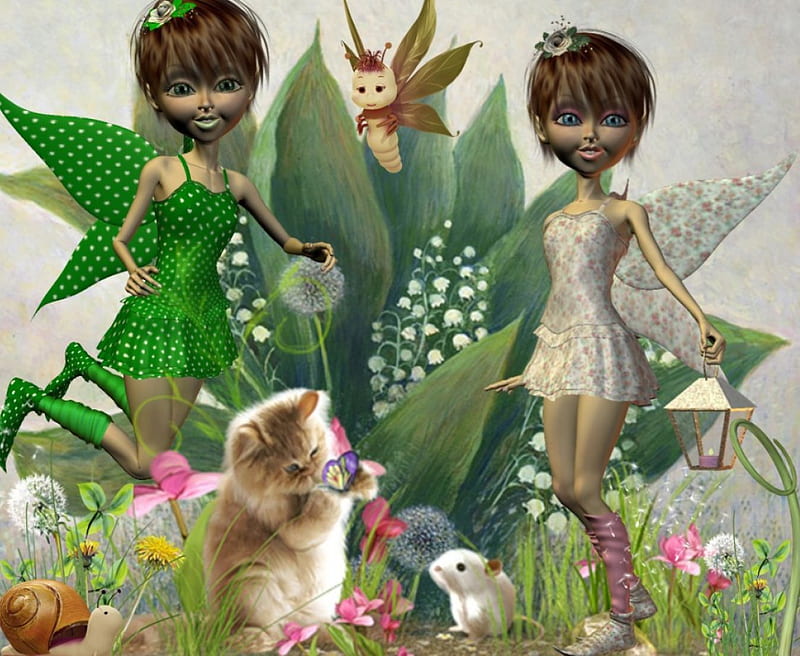 Mayflowers, flower, spring, mayflower, cat, fairy, HD wallpaper