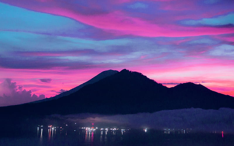 mountain, romantic, red, sunset, nature, blue, HD wallpaper