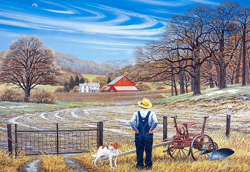 Anticipation, dog, barn, house, man, trees, landscape, fields, plow, painting, HD wallpaper