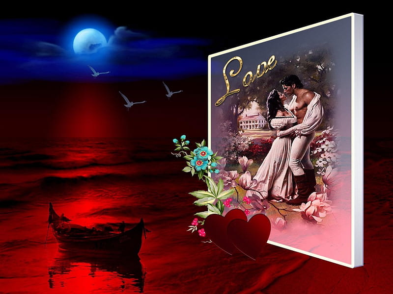 ROMANCE, red, female, male, ocean, birds, canoe, sky, corazones, moon, flowers, pink, couple, blue, night, HD wallpaper