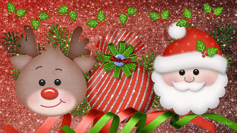 Santa and Rudolph, red, saint nicholas, firefox persona, santa claus, xmas, santa clause, reindeer, feliz navidad, rudolph the red nosed reindeer, christmas, ribbon, st nick, holly, cute, red nose, whimsical, gifts, HD wallpaper