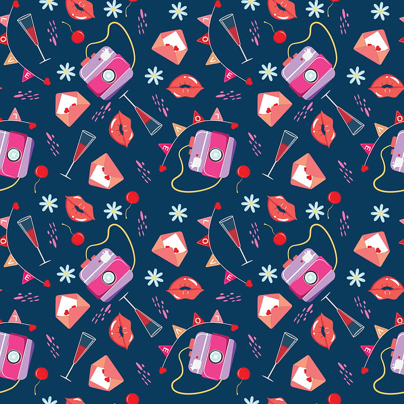Seamless pattern with camera, lips, flowers, wineglasses and garland. Background for Valentine's Day. For textile, paper, wrapping paper, packaging, . Vector pattern. 5393267 Vector Art at Vecteezy, HD phone wallpaper