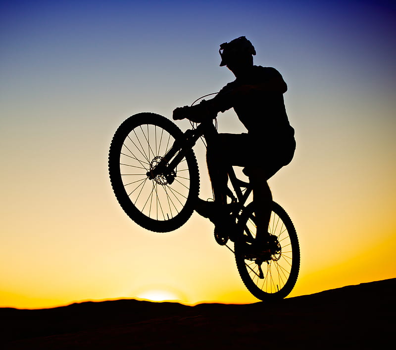 Epicness 2, bike, biking, mountain, silhouette, sunset, wheelie, HD wallpaper
