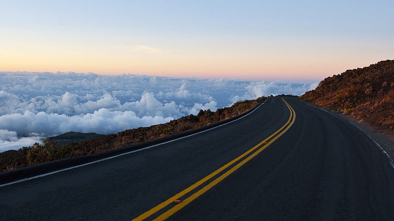 blacktop above the clouds, highway, mountain, blacktop, clouds, HD wallpaper